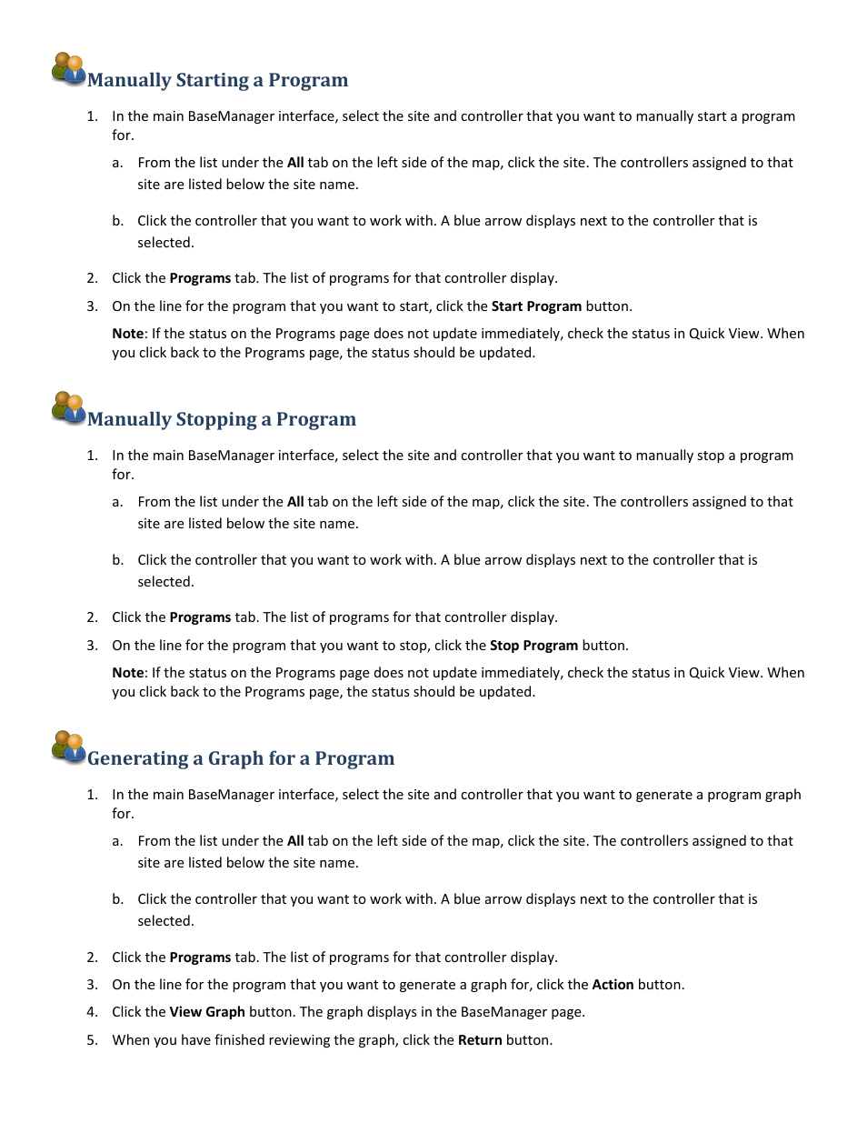 Manually starting a program, Manually stopping a program, Generating a graph for a program | Baseline Systems BaseManager 2.0 User Manual | Page 30 / 32