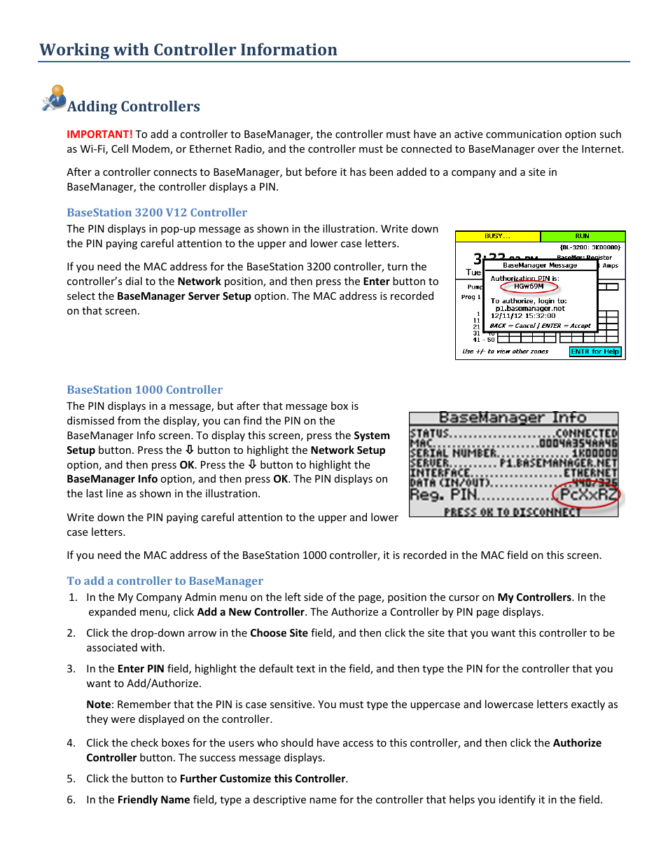 Working with controller information, Adding controllers, Basestation 3200 v12 controller | Basestation 1000 controller, To add a controller to basemanager | Baseline Systems BaseManager 2.0 User Manual | Page 5 / 32