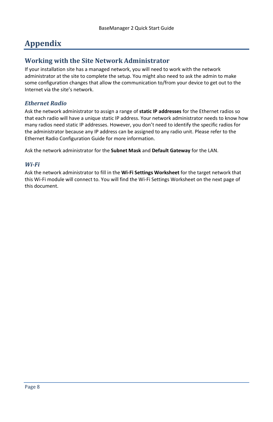 Appendix, Working with the site network administrator, Ethernet radio | Wi-fi | Baseline Systems BaseManager 2.0 User Manual | Page 12 / 14
