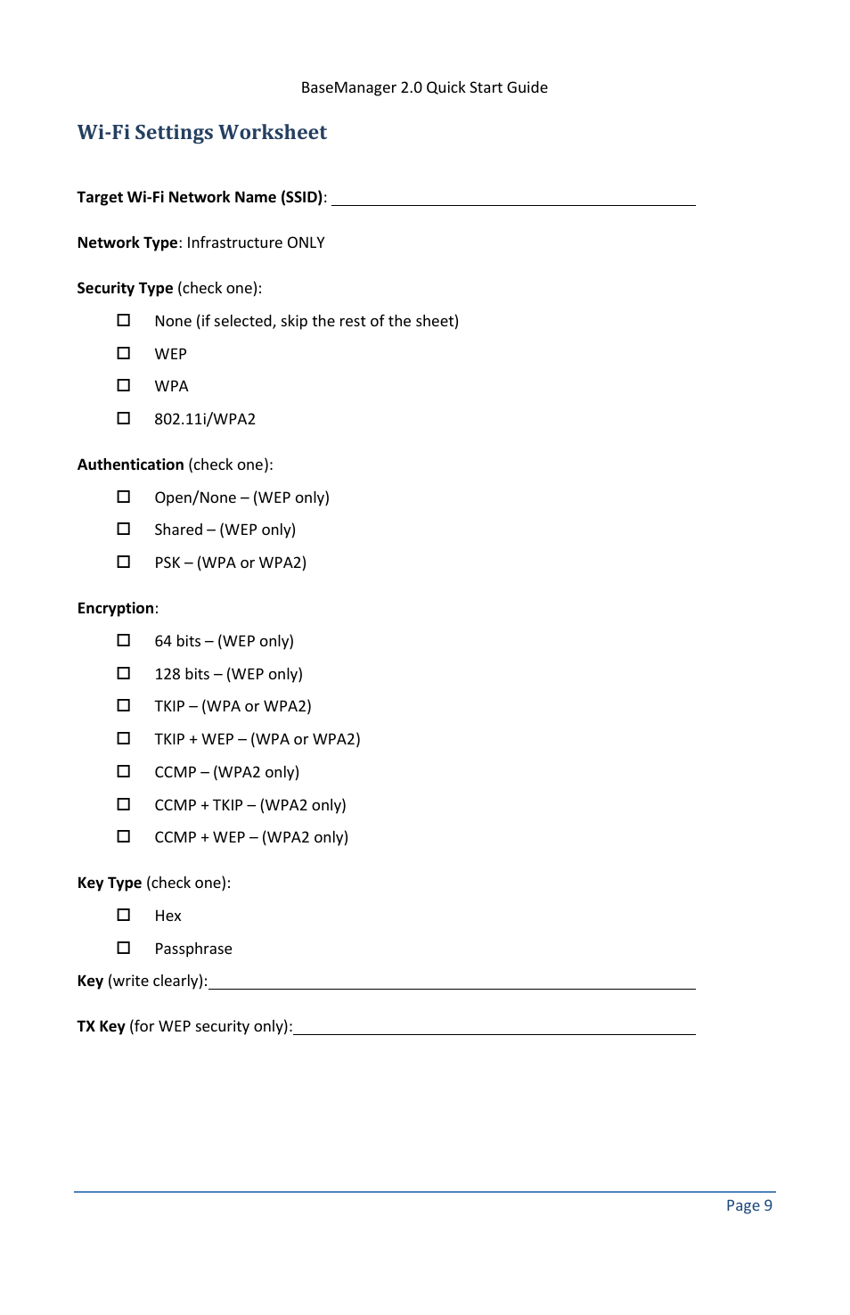Wi-fi settings worksheet | Baseline Systems BaseManager 2.0 User Manual | Page 13 / 14