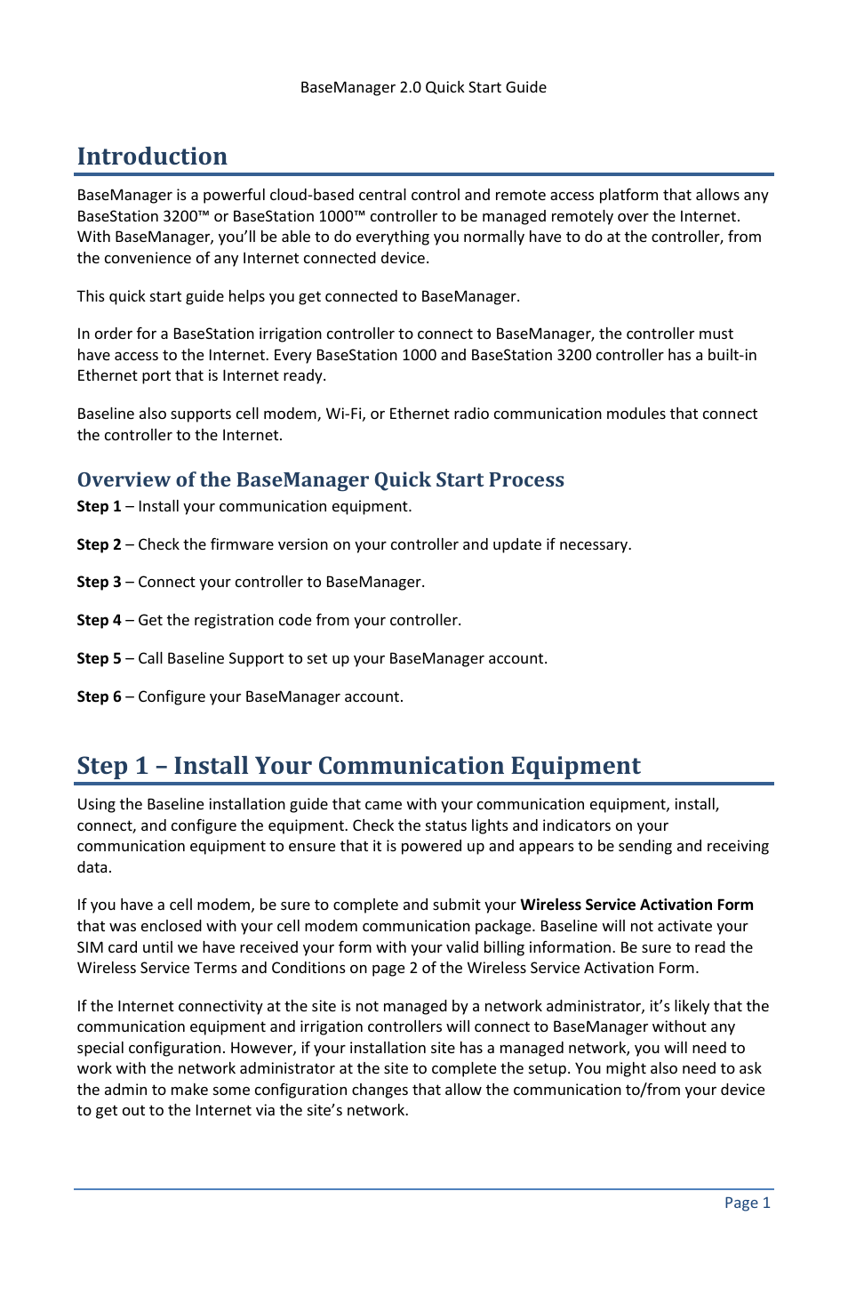 Introduction, Overview of the basemanager quick start process, Step 1 – install your communication equipment | Baseline Systems BaseManager 2.0 User Manual | Page 5 / 14