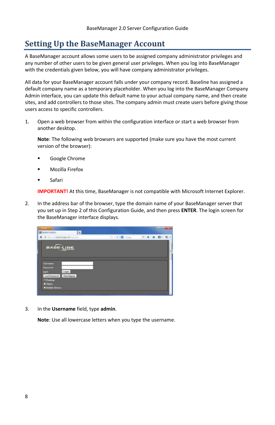 Setting up the basemanager account | Baseline Systems BaseManager 2.0 User Manual | Page 12 / 13