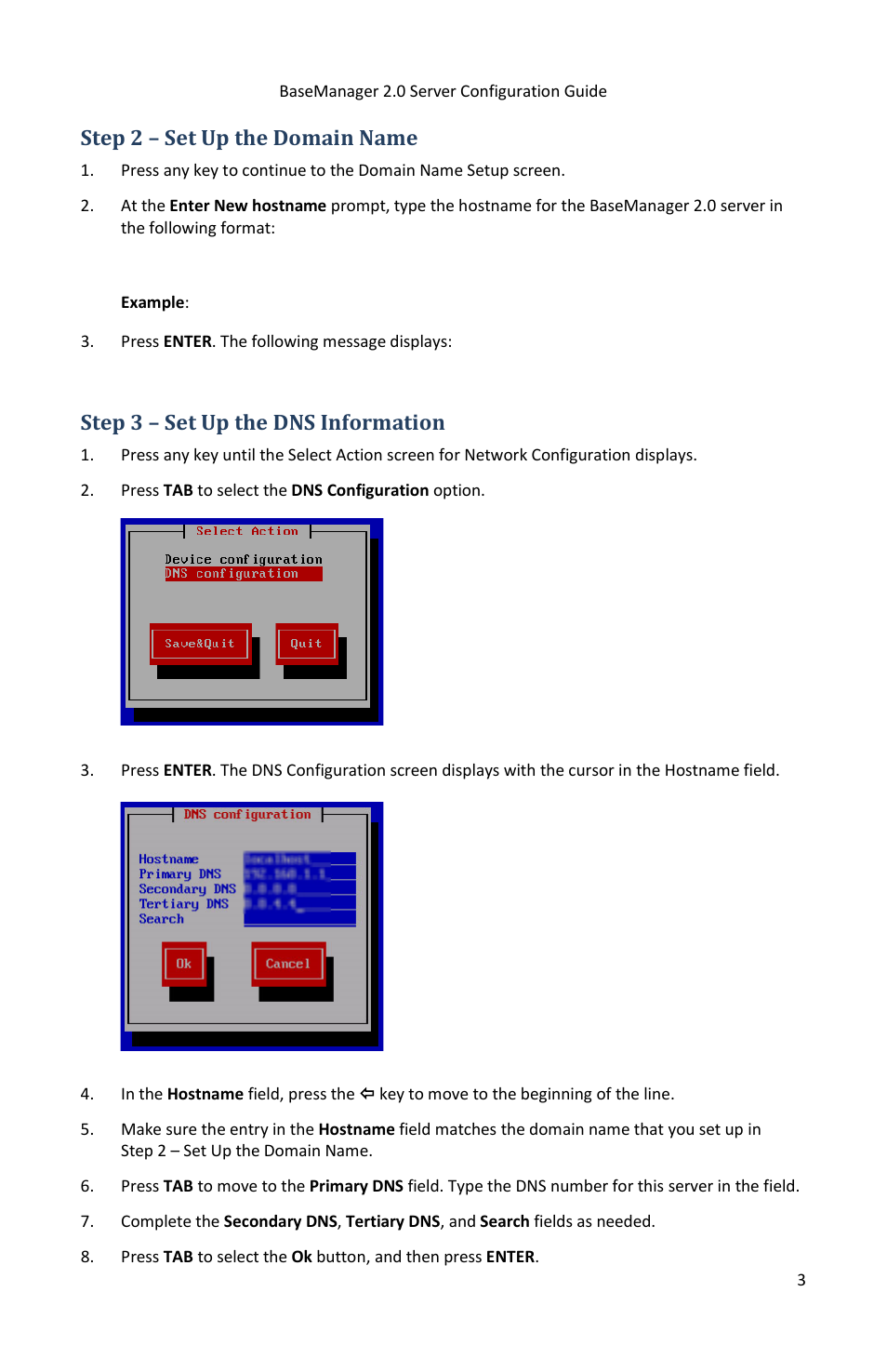 Step 2 – set up the domain name, Step 3 – set up the dns information | Baseline Systems BaseManager 2.0 User Manual | Page 7 / 13