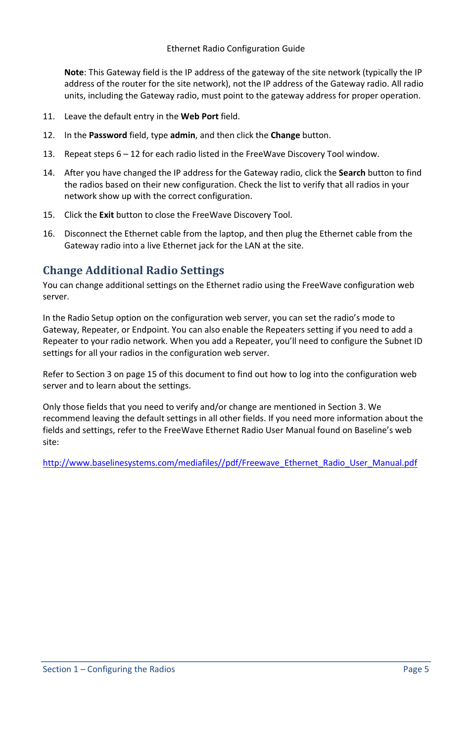 Change additional radio settings | Baseline Systems Ethernet Radio User Manual | Page 11 / 35