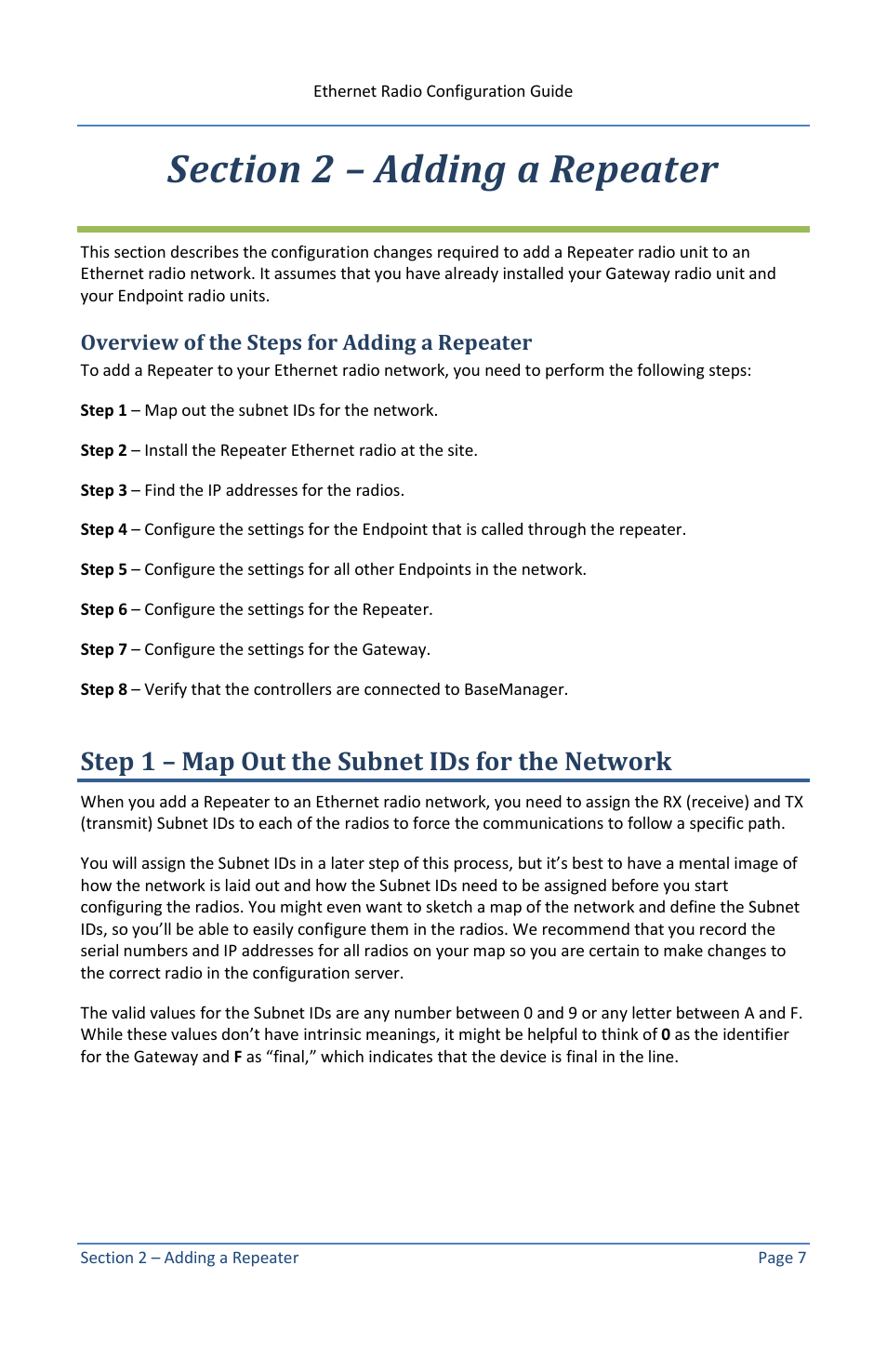 Section 2 – adding a repeater, Overview of the steps for adding a repeater, Step 1 – map out the subnet ids for the network | Section 2 adding a repeater, Overview of the steps | Baseline Systems Ethernet Radio User Manual | Page 13 / 35