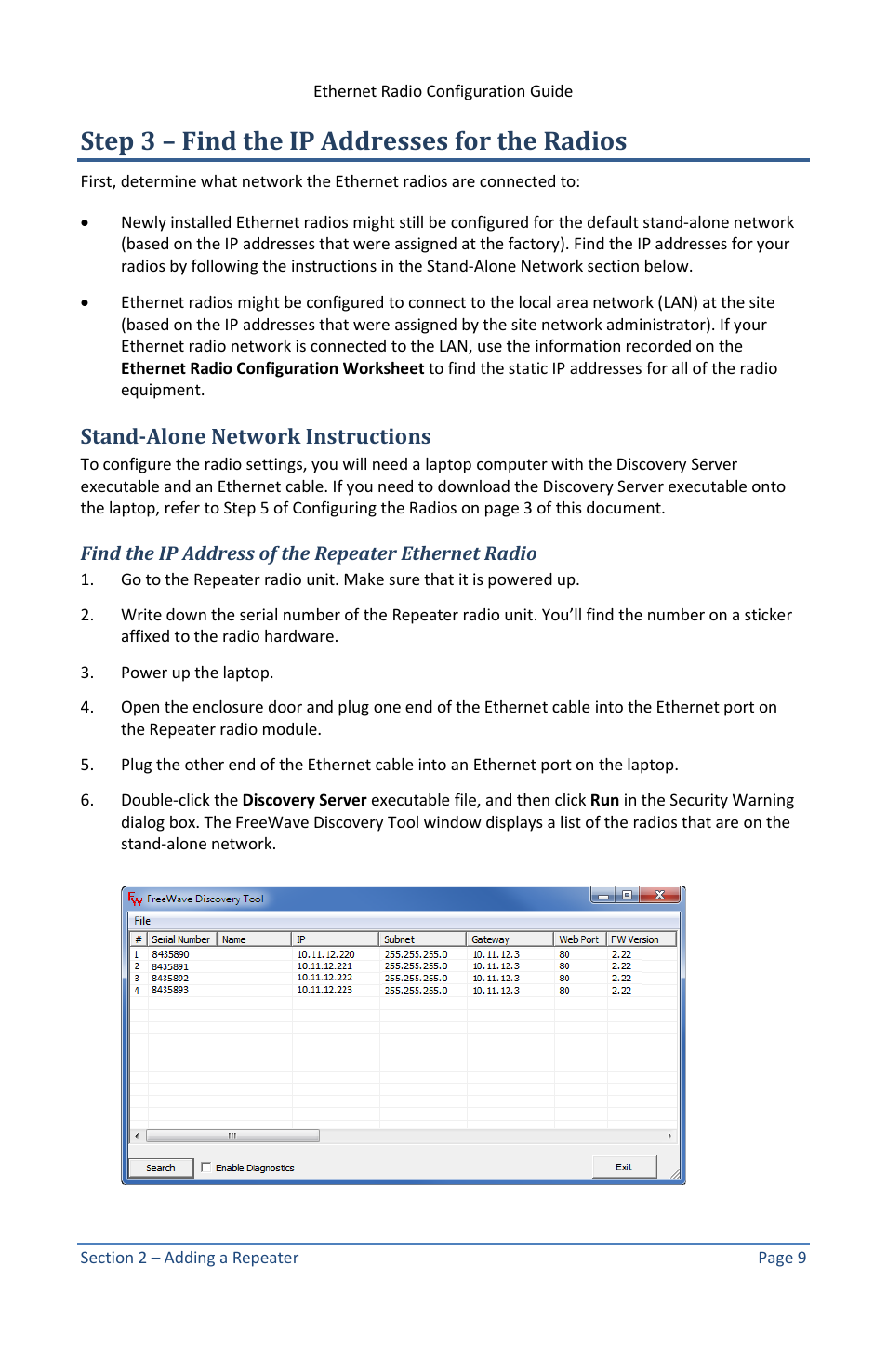 Step 3 – find the ip addresses for the radios, Stand-alone network instructions, Find the ip address of the repeater ethernet radio | Baseline Systems Ethernet Radio User Manual | Page 15 / 35