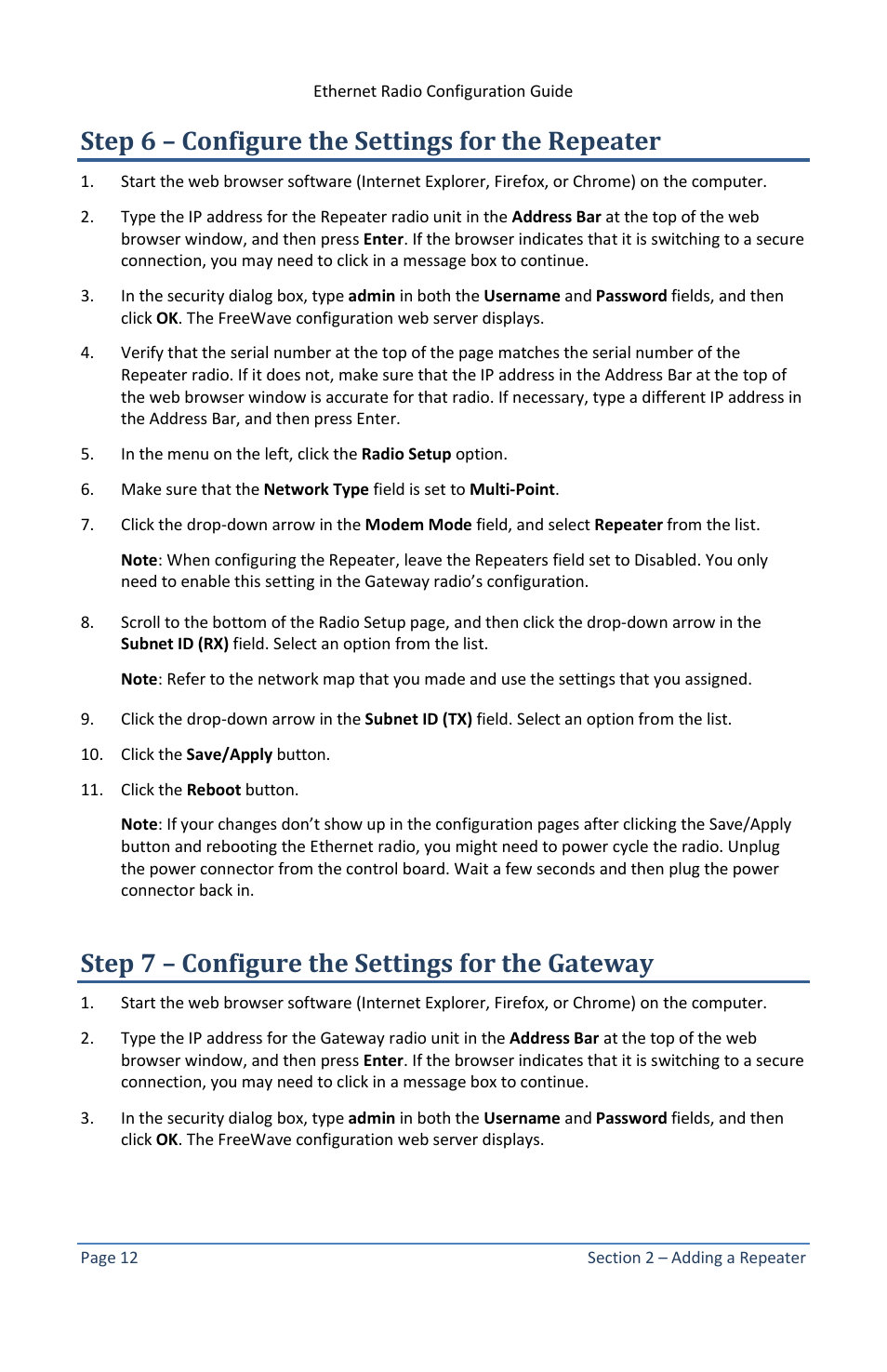 Step 6 – configure the settings for the repeater, Step 7 – configure the settings for the gateway | Baseline Systems Ethernet Radio User Manual | Page 18 / 35