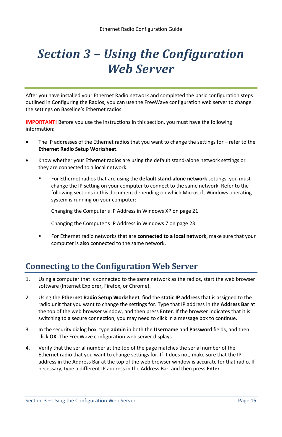 Section 3 – using the configuration web server, Connecting to the configuration web server, Section 3 using the configuration web server | Baseline Systems Ethernet Radio User Manual | Page 21 / 35