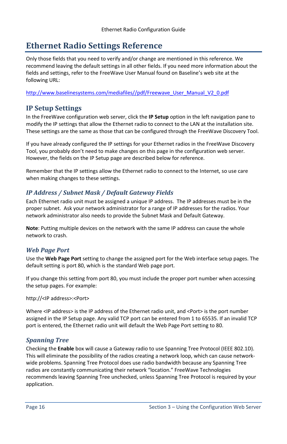 Ethernet radio settings reference, Ip setup settings, Ip address / subnet mask / default gateway fields | Spanning tree | Baseline Systems Ethernet Radio User Manual | Page 22 / 35