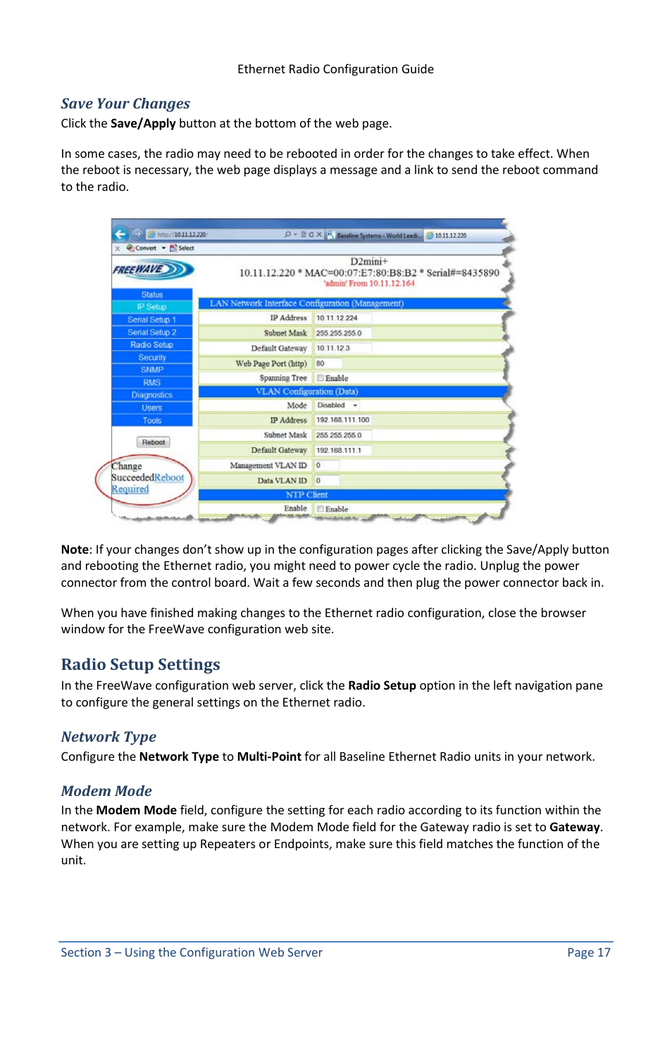 Save your changes, Radio setup settings, Network type | Modem mode | Baseline Systems Ethernet Radio User Manual | Page 23 / 35