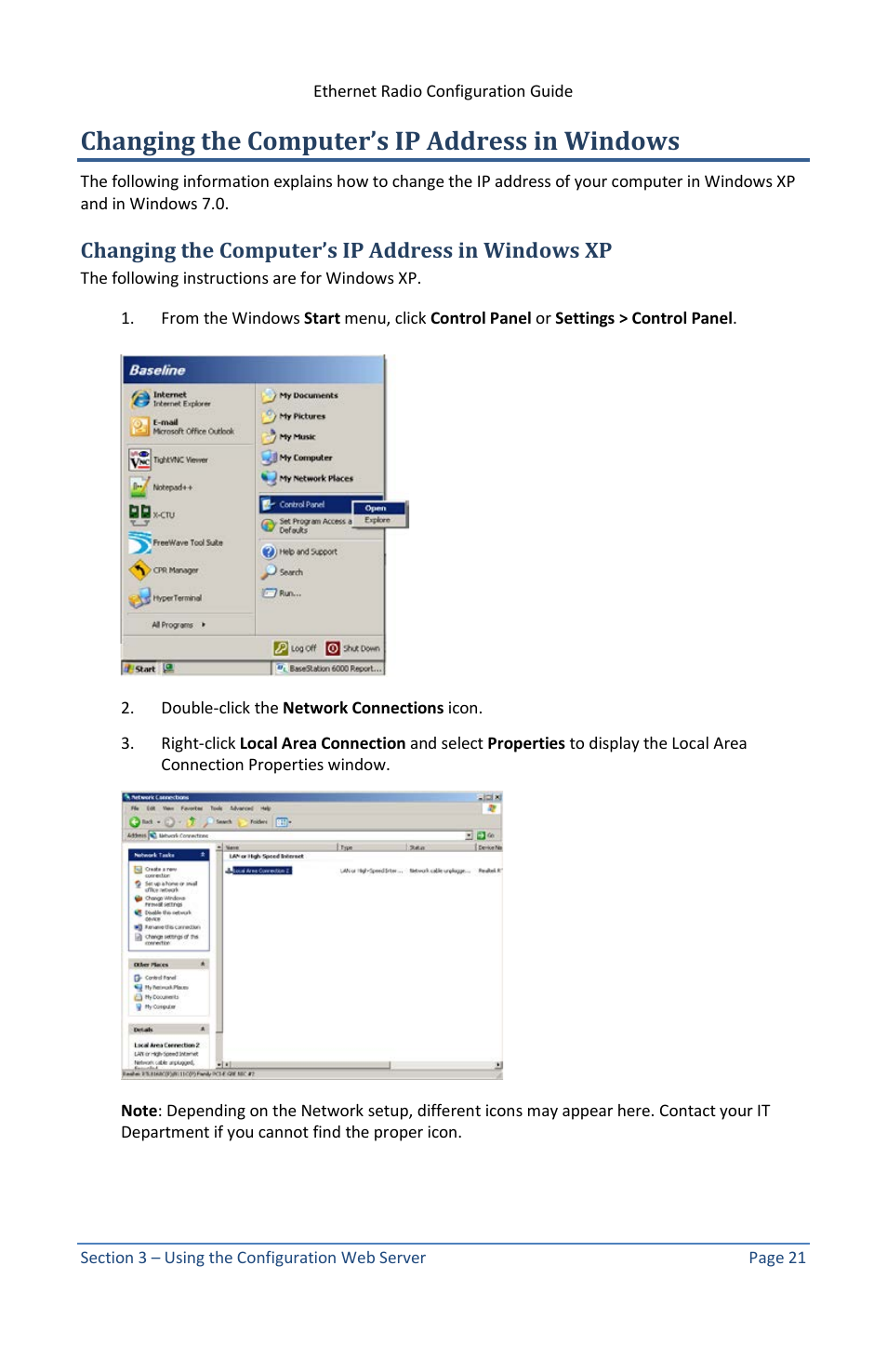 Changing the computer’s ip address in windows, Changing the computer’s ip address in windows xp | Baseline Systems Ethernet Radio User Manual | Page 27 / 35