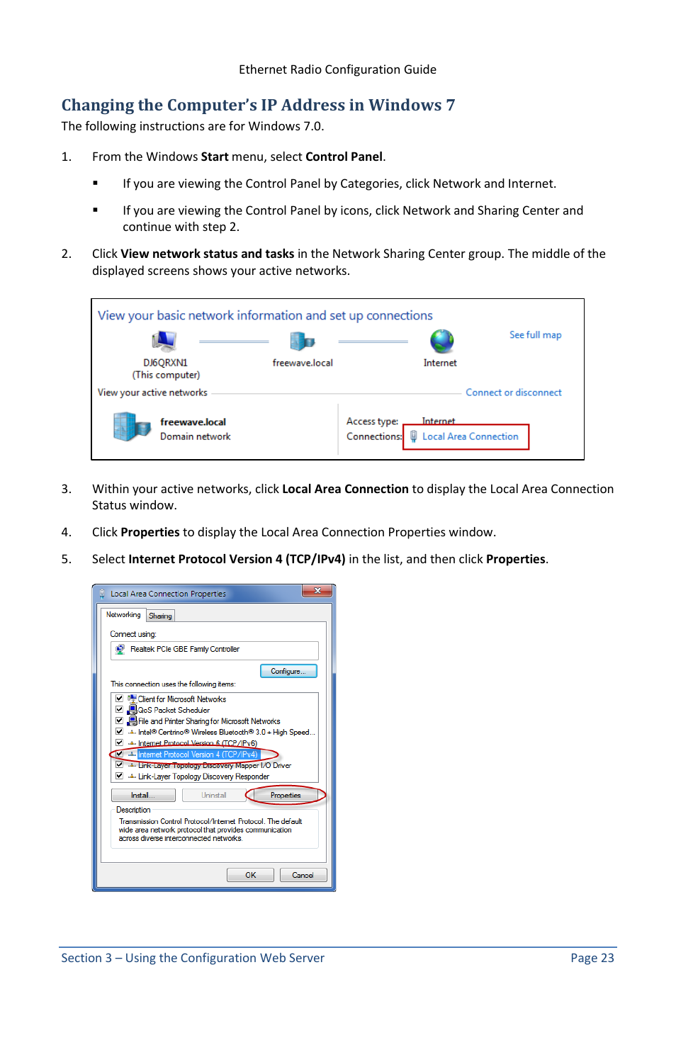 Changing the computer’s ip address in windows 7 | Baseline Systems Ethernet Radio User Manual | Page 29 / 35