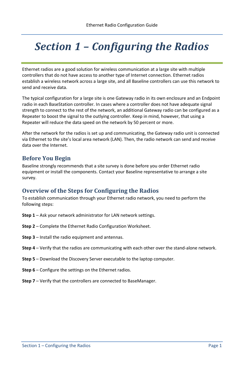 Section 1 – configuring the radios, Before you begin, Overview of the steps for configuring the radios | Section 1 configuring the radios, Overview of the steps | Baseline Systems Ethernet Radio User Manual | Page 7 / 35