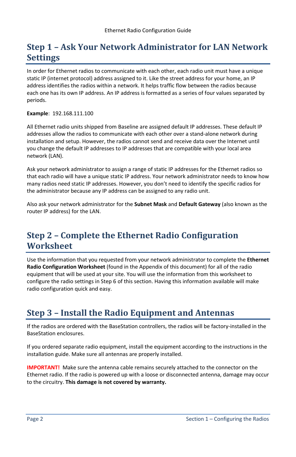 Step 3 – install the radio equipment and antennas | Baseline Systems Ethernet Radio User Manual | Page 8 / 35