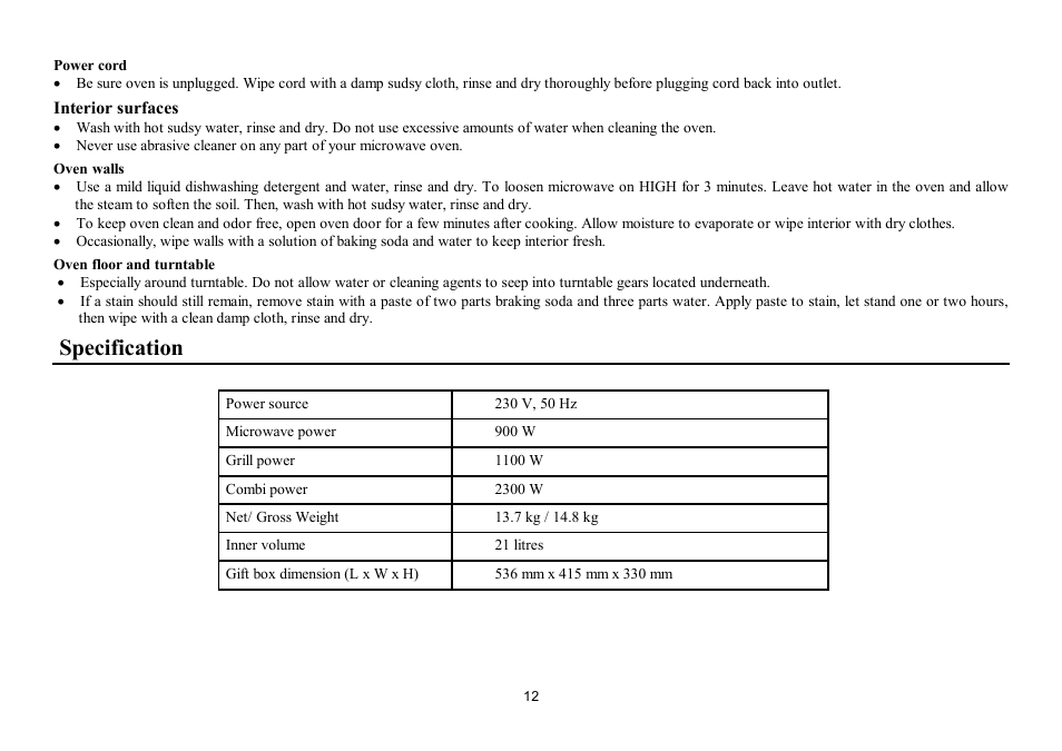 Specification | Hyundai H-MW1021 User Manual | Page 12 / 24
