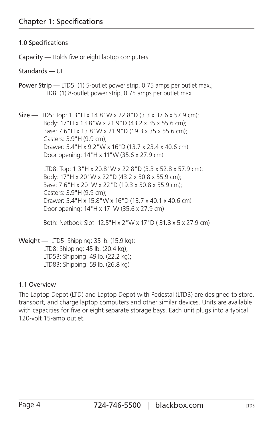 Chapter 1: specifications | Black Box LTD8 User Manual | Page 4 / 16