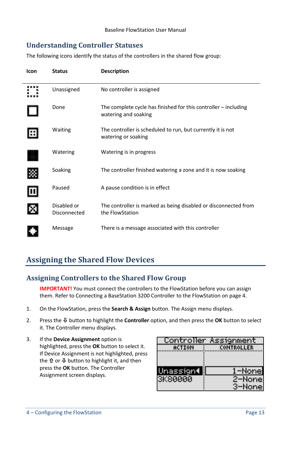 Understanding controller statuses, Assigning the shared flow devices, Assigning controllers to the shared flow group | Baseline Systems FlowStation User Manual | Page 17 / 41