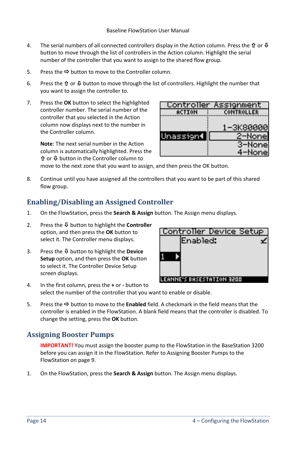 Enabling/disabling an assigned controller, Assigning booster pumps | Baseline Systems FlowStation User Manual | Page 18 / 41