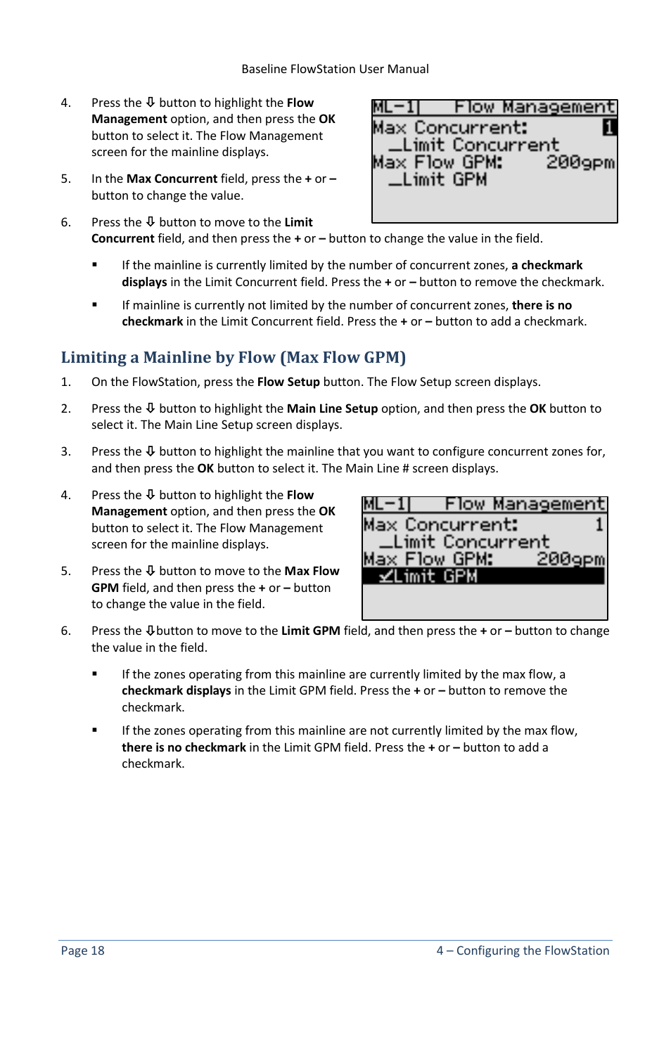 Limiting a mainline by flow (max flow gpm) | Baseline Systems FlowStation User Manual | Page 22 / 41