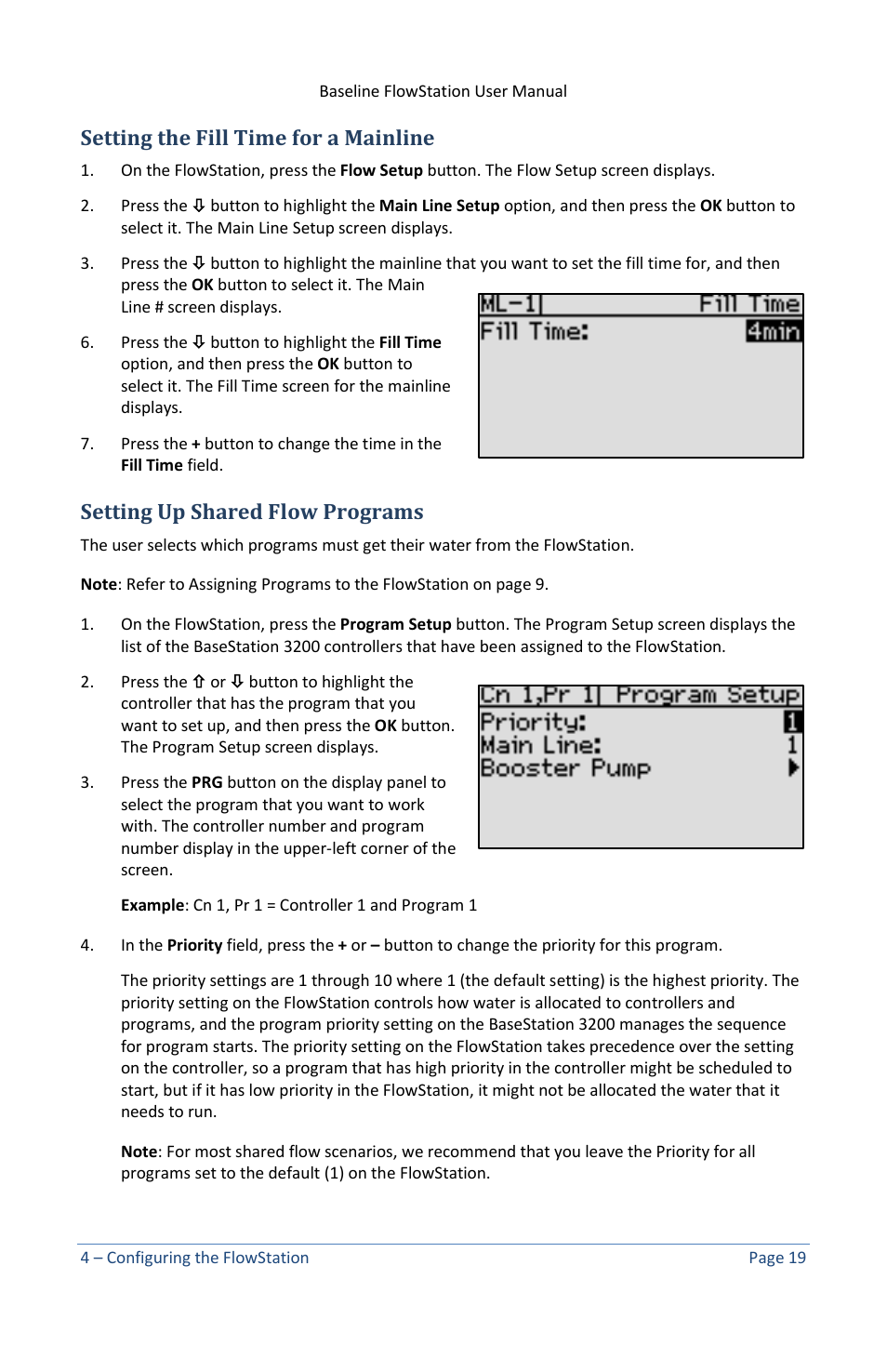 Setting the fill time for a mainline, Setting up shared flow programs | Baseline Systems FlowStation User Manual | Page 23 / 41