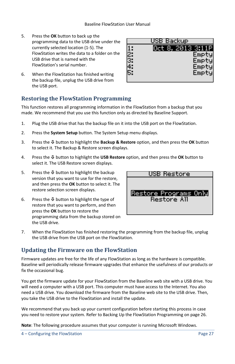 Restoring the flowstation programming, Updating the firmware on the flowstation | Baseline Systems FlowStation User Manual | Page 31 / 41