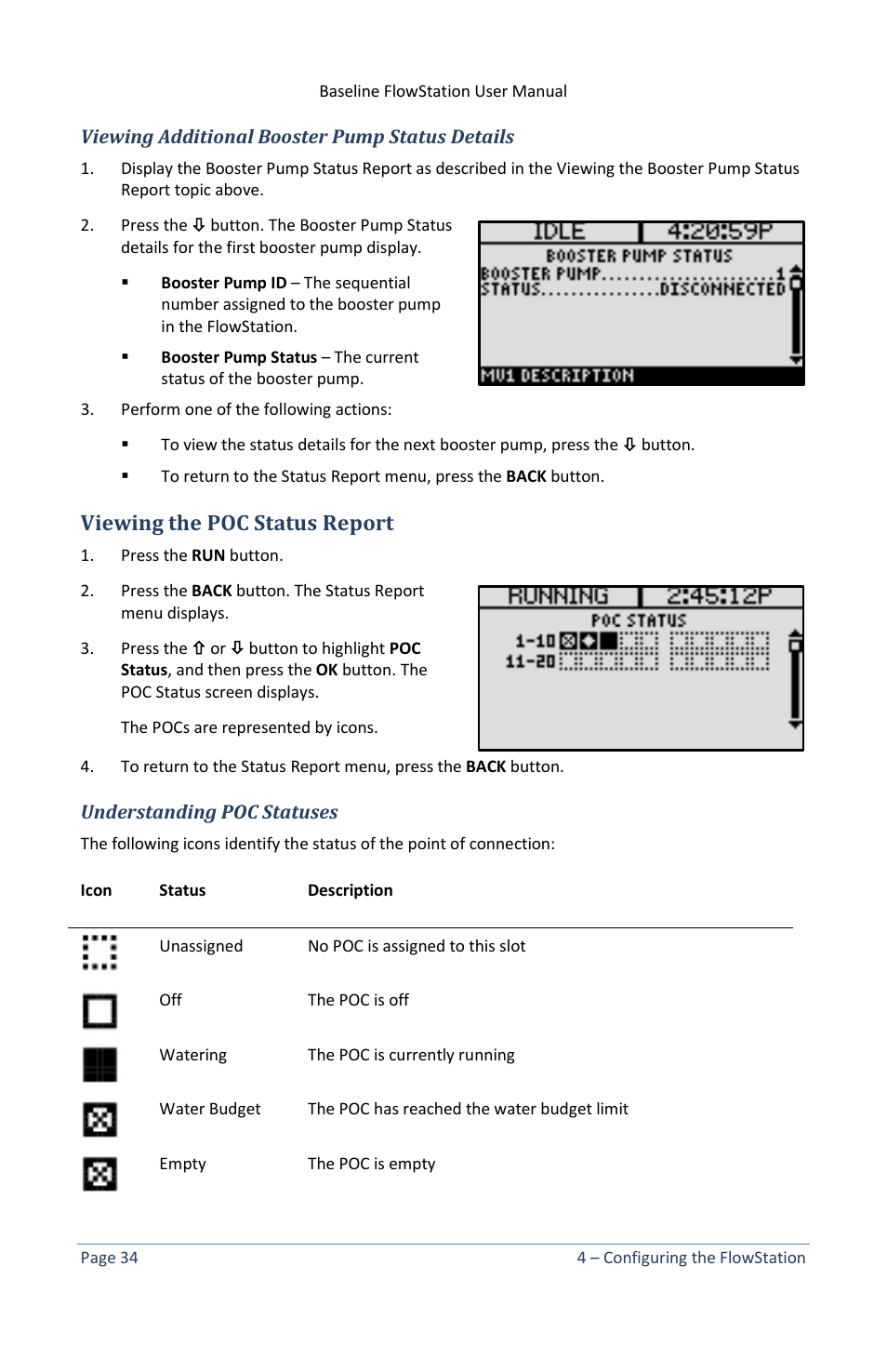 Viewing additional booster pump status details, Viewing the poc status report, Understanding poc statuses | Baseline Systems FlowStation User Manual | Page 38 / 41