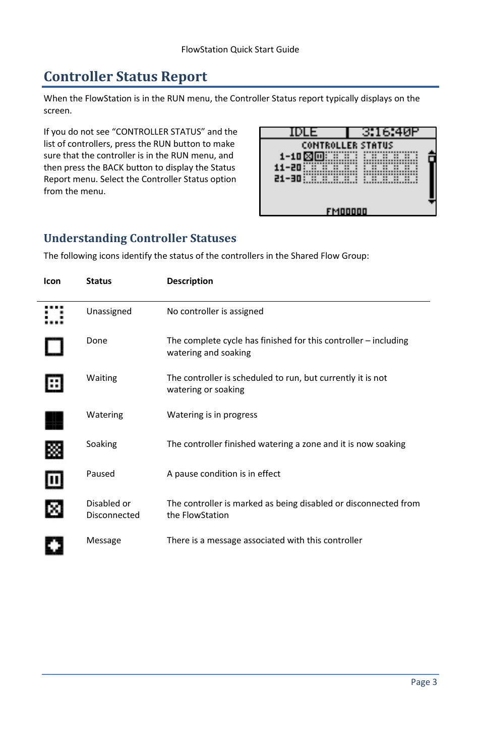 Controller status report, Understanding controller statuses | Baseline Systems FlowStation User Manual | Page 7 / 13