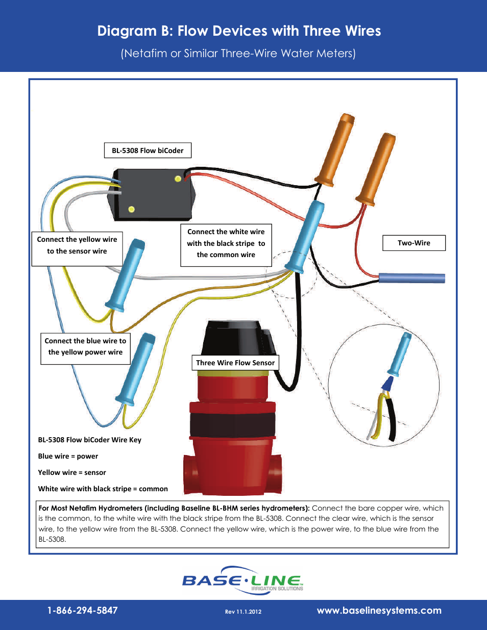 Diagram b: flow devices with three wires, Netafim or similar three-wire water meters) | Baseline Systems BL-5308 User Manual | Page 3 / 4