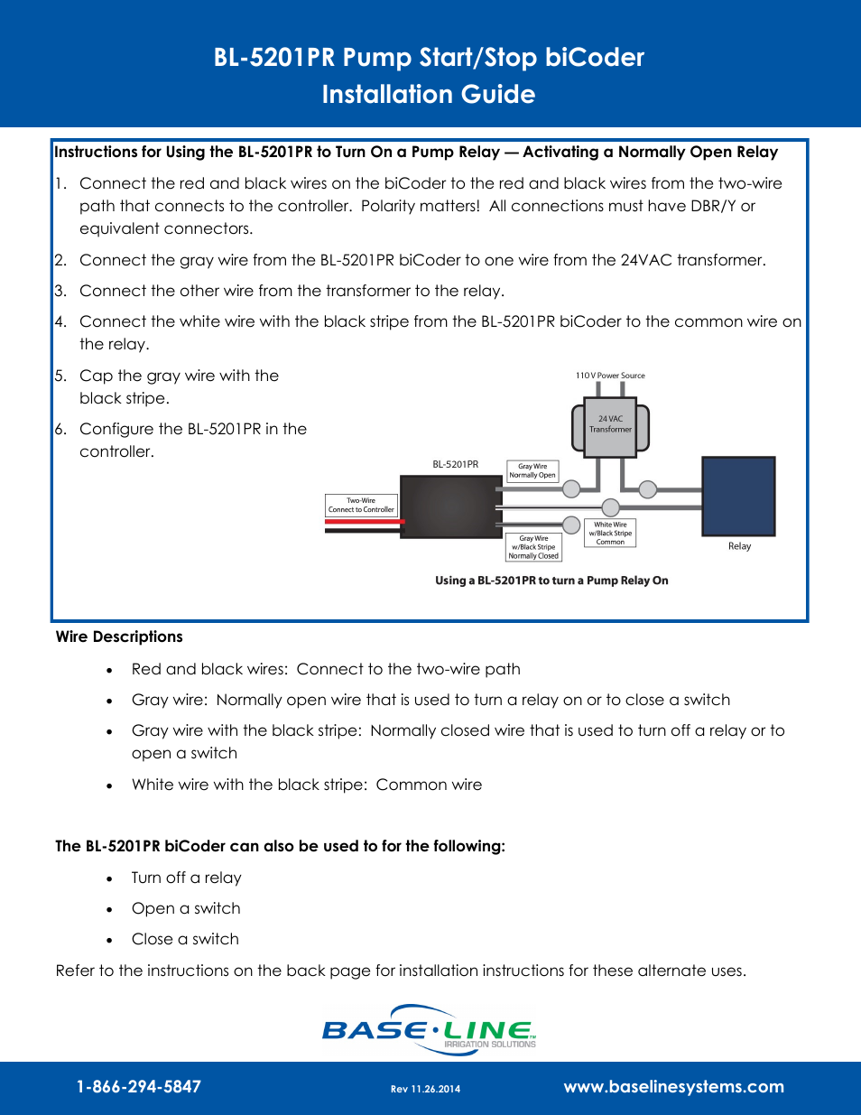 Baseline Systems BL-5201PR Pump Start/Stop biCoder User Manual | 2 pages