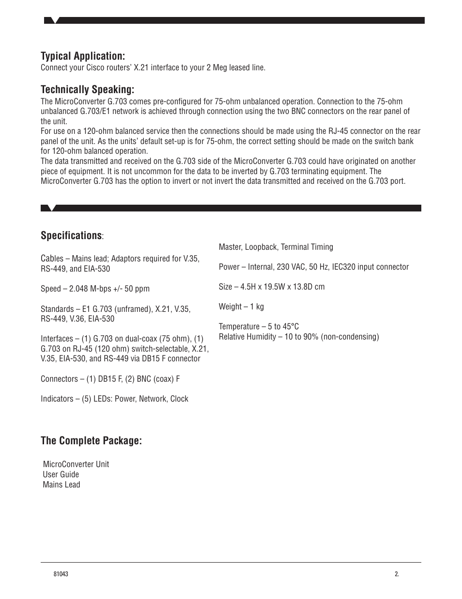 Typical application, Technically speaking, Specifications | The complete package | Black Box G703/V.35 User Manual | Page 2 / 3