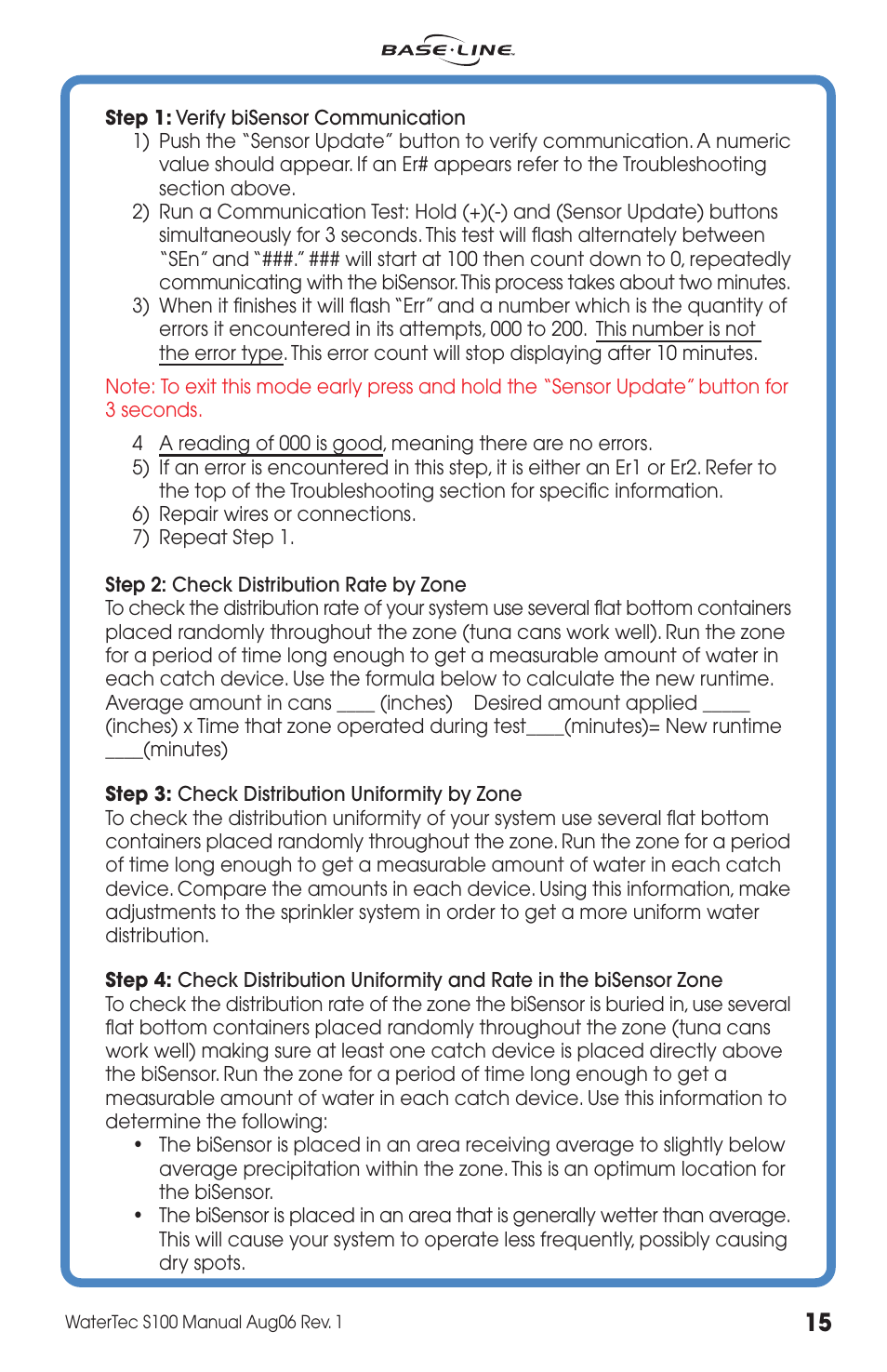 Baseline Systems WaterTec S100 User Manual | Page 15 / 20