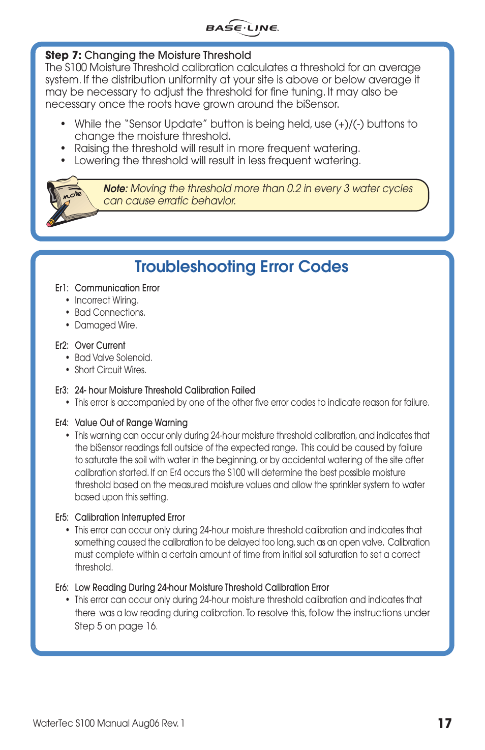 Troubleshooting error codes | Baseline Systems WaterTec S100 User Manual | Page 17 / 20