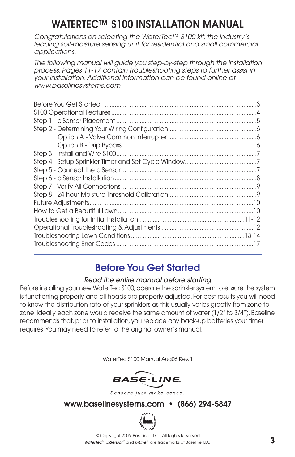 Watertec™ s100 installation manual, Before you get started, Read the entire manual before starting | Baseline Systems WaterTec S100 User Manual | Page 3 / 20