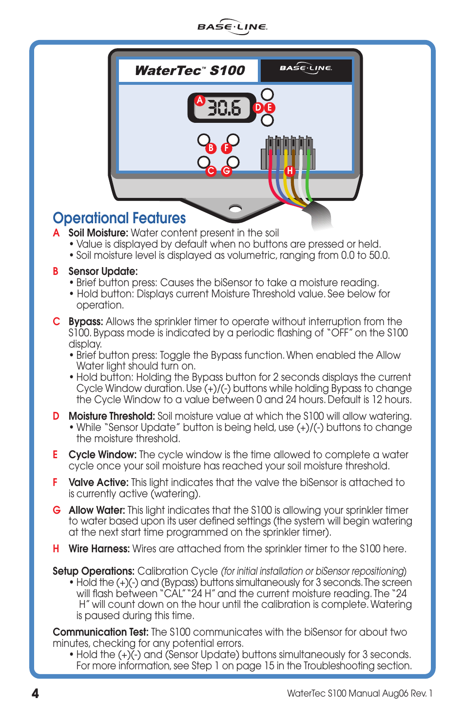 Operational features | Baseline Systems WaterTec S100 User Manual | Page 4 / 20