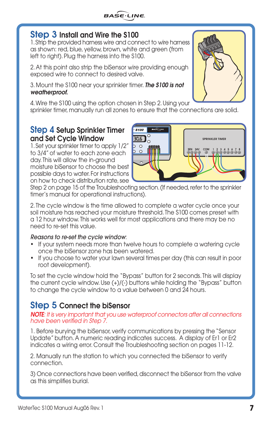 Step 3, Step 4, Step 5 | Install and wire the s100, Setup sprinkler timer and set cycle window, Connect the bisensor | Baseline Systems WaterTec S100 User Manual | Page 7 / 20