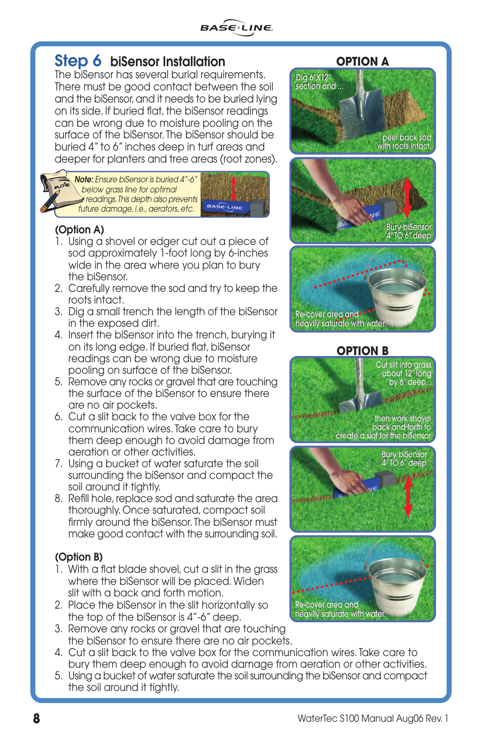 Step 6, Bisensor installation, Option b | Option a | Baseline Systems WaterTec S100 User Manual | Page 8 / 20