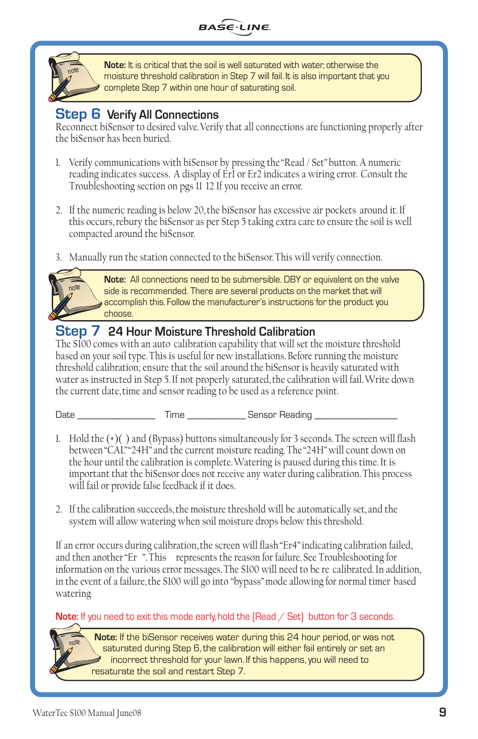 Step 6, Step 7, Verify all connections | 24 hour moisture threshold calibration | Baseline Systems WaterTec S100 User Manual | Page 10 / 21