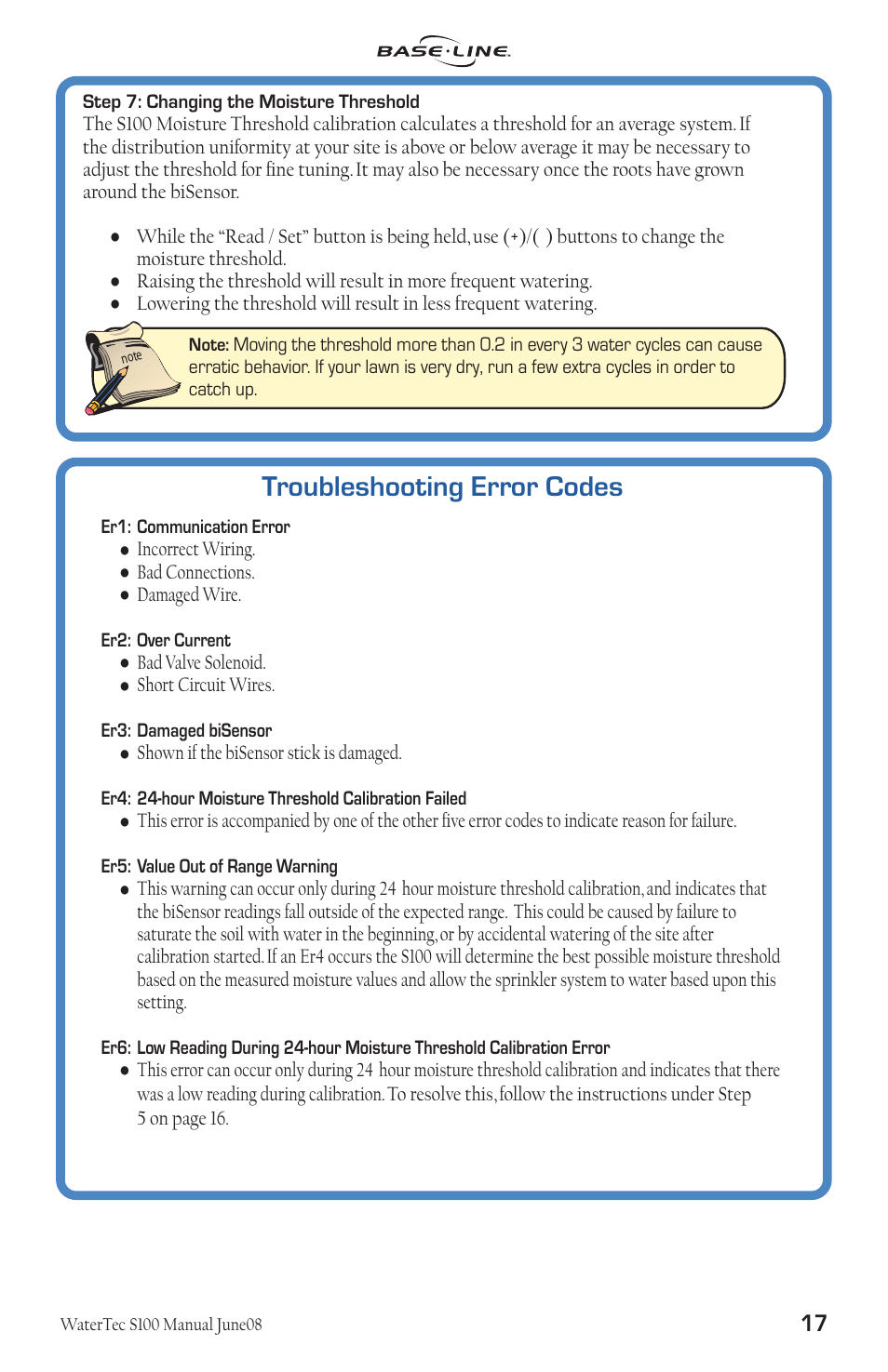 Troubleshooting error codes | Baseline Systems WaterTec S100 User Manual | Page 18 / 21