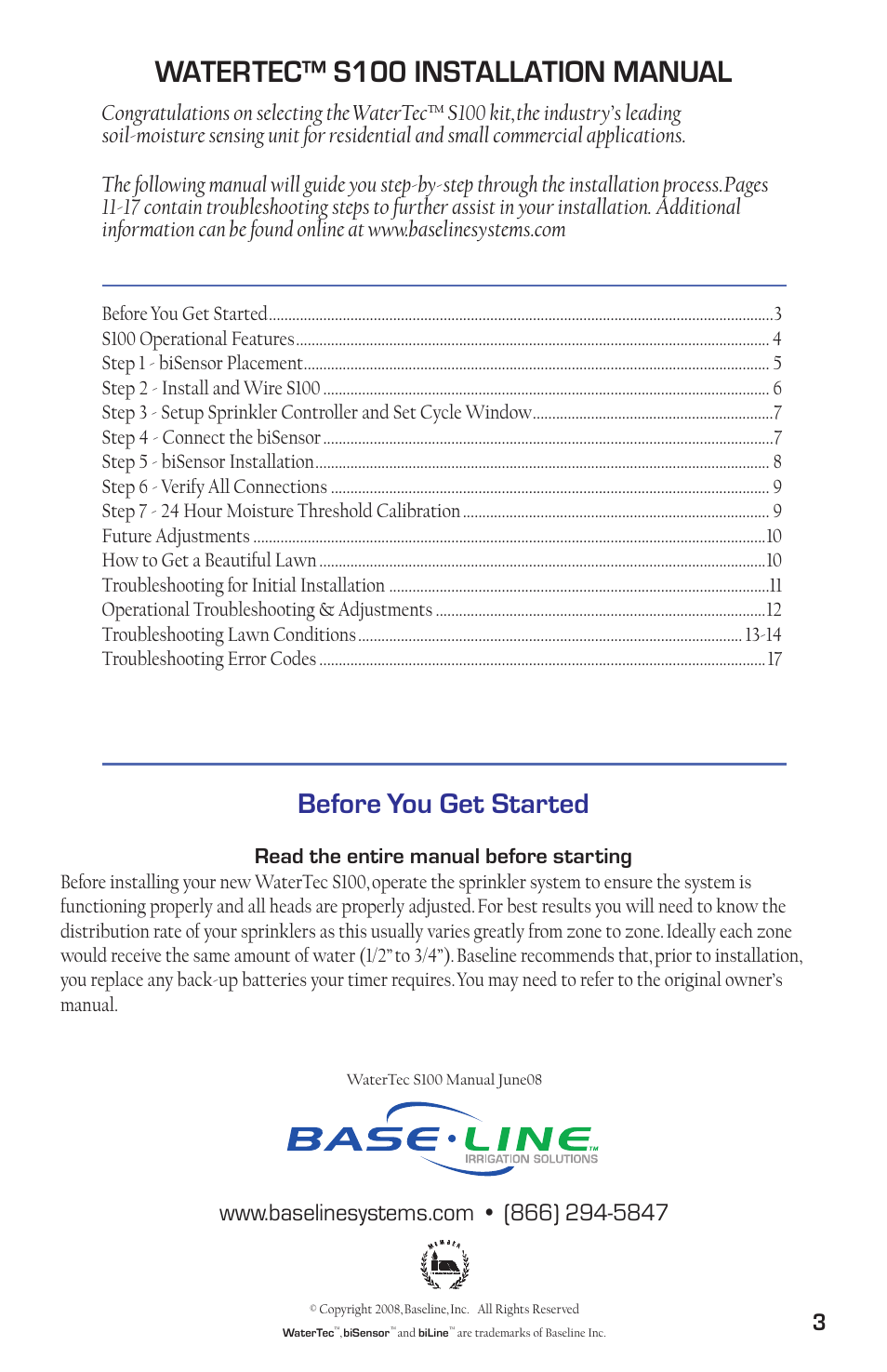 Watertec™ s100 installation manual, Before you get started, Read the entire manual before starting | Baseline Systems WaterTec S100 User Manual | Page 3 / 21