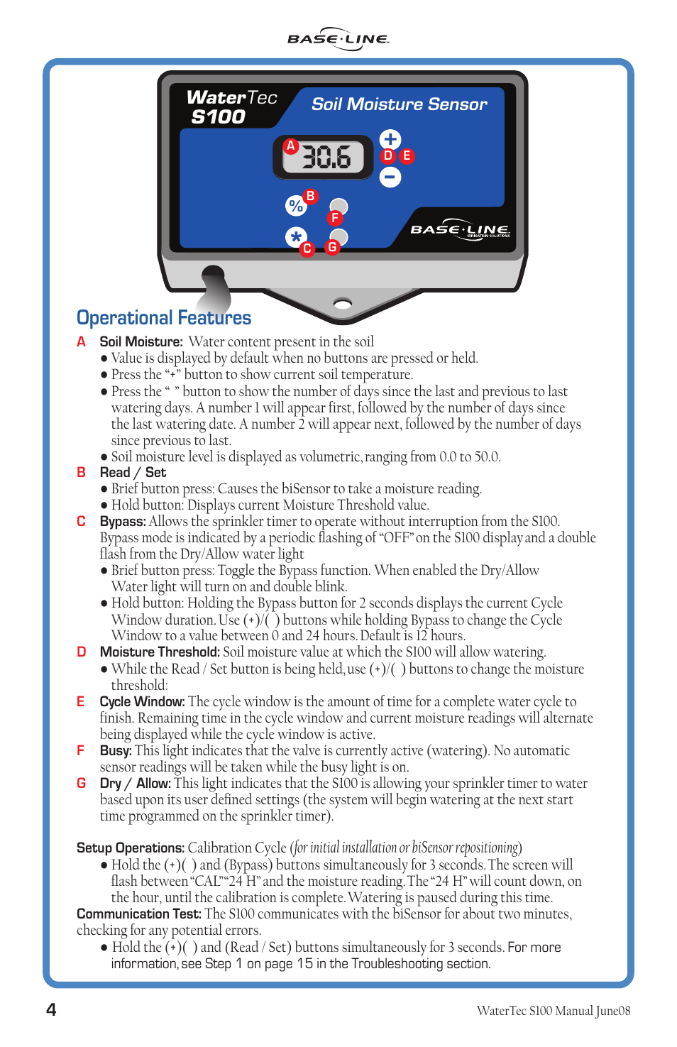 Operational features, S100, Watertec | Soil moisture sensor | Baseline Systems WaterTec S100 User Manual | Page 5 / 21