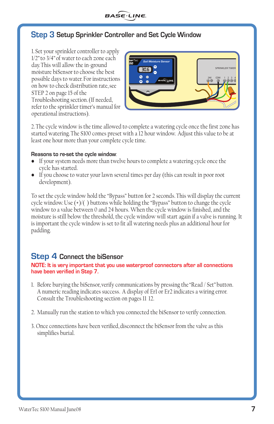 Step 3, Step 4, Setup sprinkler controller and set cycle window | Connect the bisensor | Baseline Systems WaterTec S100 User Manual | Page 8 / 21