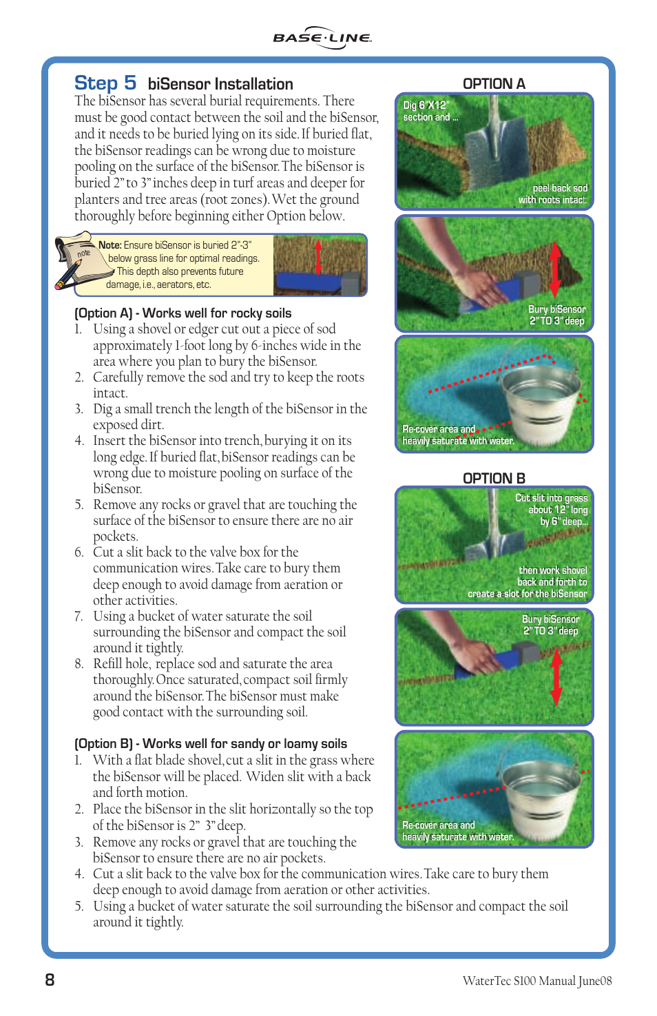 Step 5, Bisensor installation, Option b | Option a | Baseline Systems WaterTec S100 User Manual | Page 9 / 21