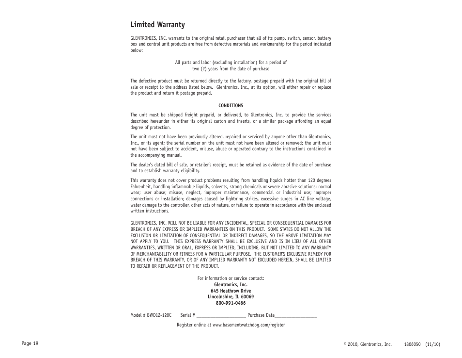 Limited warranty | Basement Watchdog Big Dog User Manual | Page 20 / 20
