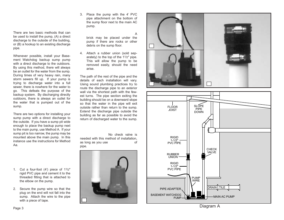 Pump & pipe installation instructions, Diagram a | Basement Watchdog Big Dog User Manual | Page 4 / 16