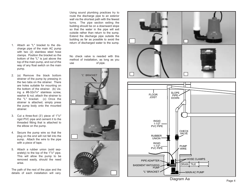 Pump & pipe installation instructions, Diagram aa | Basement Watchdog Big Dog User Manual | Page 5 / 16