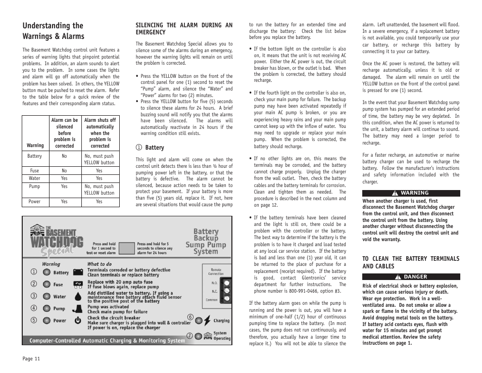Understanding the warnings & alarms | Basement Watchdog Special User Manual | Page 12 / 20