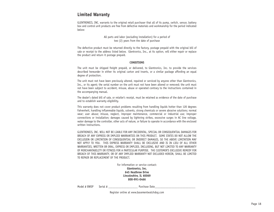 Limited warranty | Basement Watchdog Special User Manual | Page 19 / 20