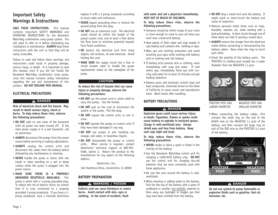 Important safety warnings & instructions | Basement Watchdog Big Combo User Manual | Page 2 / 16