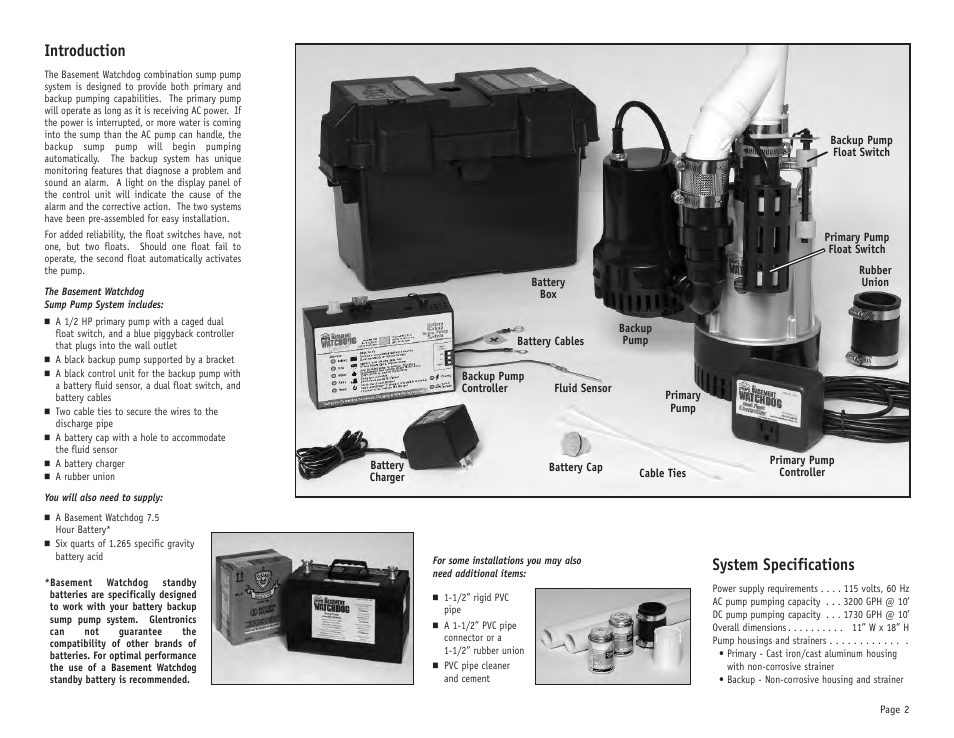 Introduction, System specifications | Basement Watchdog Big Combo User Manual | Page 3 / 16