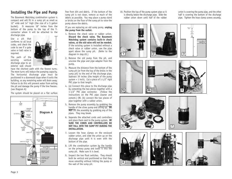 Installing the pipe and pump, Diagram a | Basement Watchdog Big Combo User Manual | Page 4 / 16